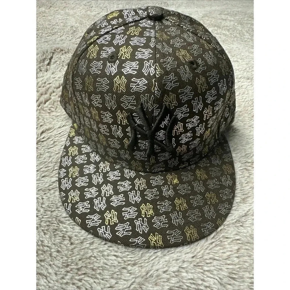 New York Yankees Hat Cap Fitted 7 1/2 Brown Gold 59Fifty  All Over Logo Wool - Picture 15 of 16